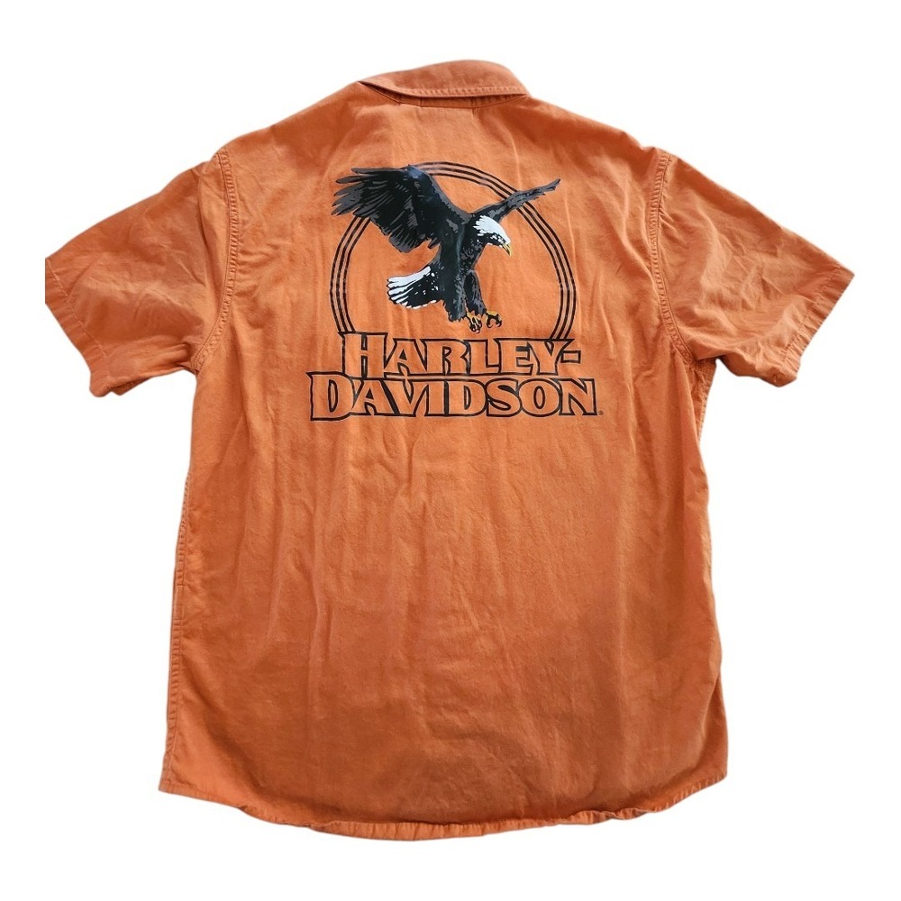 Harley Davidson Motorcycle Orange Short Sleeve Button Up Shirt‎ Size Large Eagle